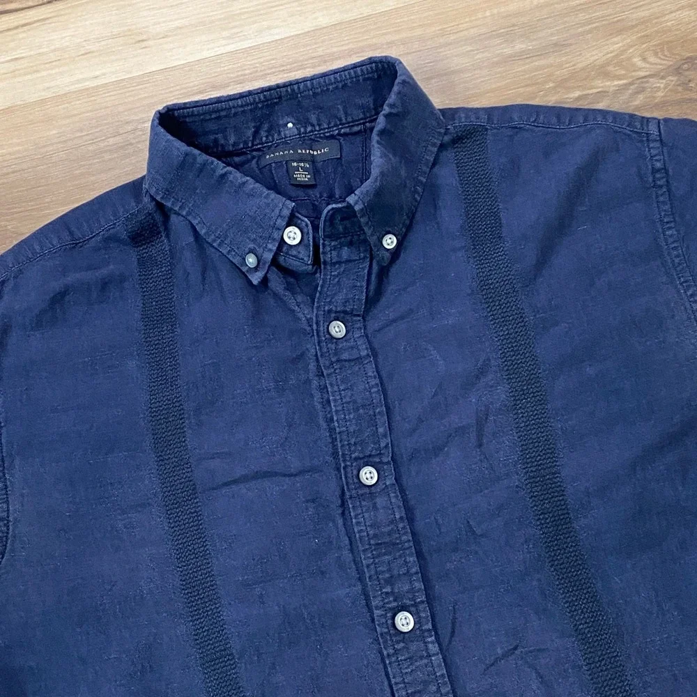 Banana Republic Shirt Large Guayabera Style Linen Cotton Short Sleeve Navy Blue